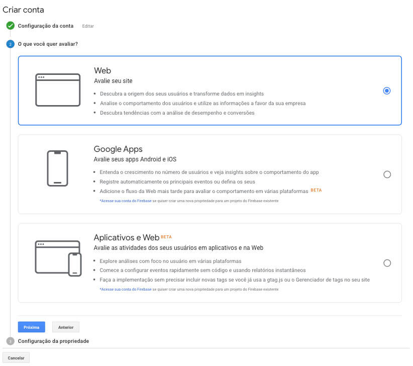 Segundo passo do cadastro no Google Analytics