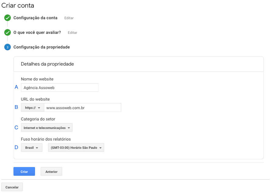 Terceira passo do cadastro no Google Analytics