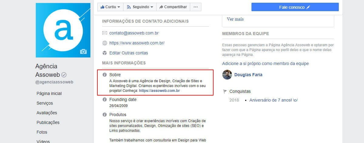 Ajustando a descrição do Facebook para empresas